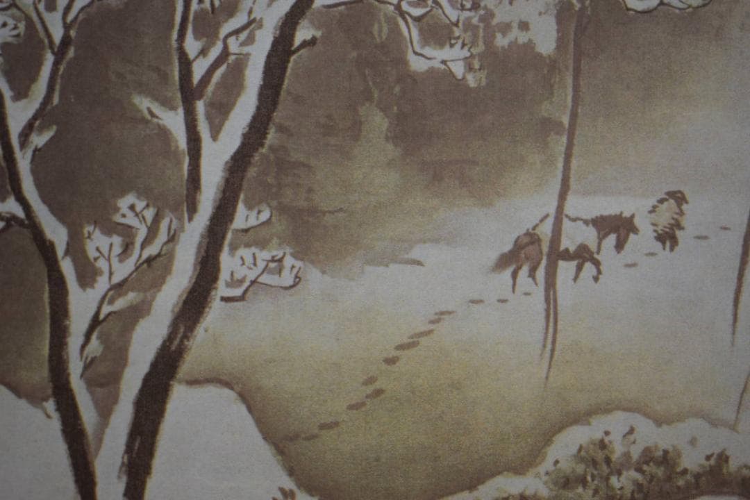 複製/川合玉堂/渓村雪斎図/工芸/桐共箱付/タトウ箱付/布袋屋掛軸HJ-585