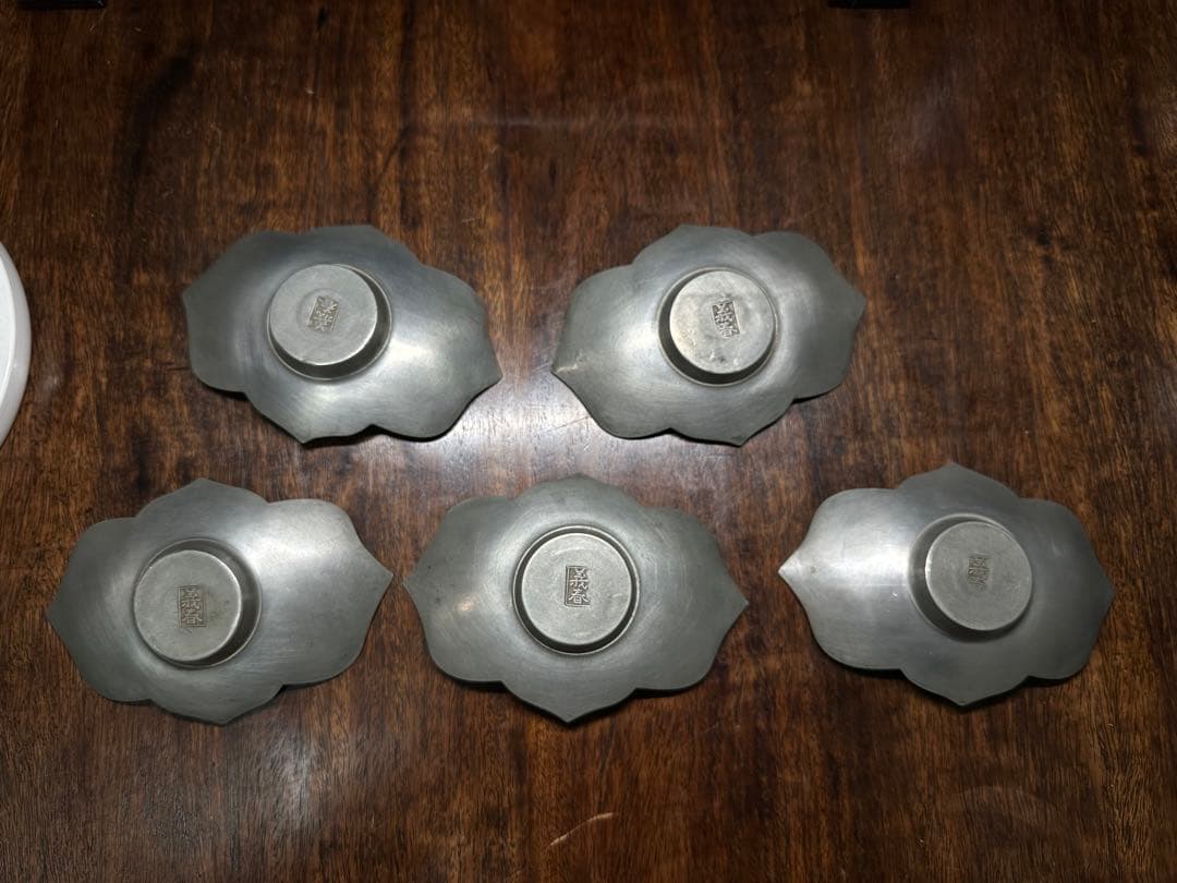 古錫　茶托　義春在銘　漢詩「霊芝」 彫刻　骨董　古美術