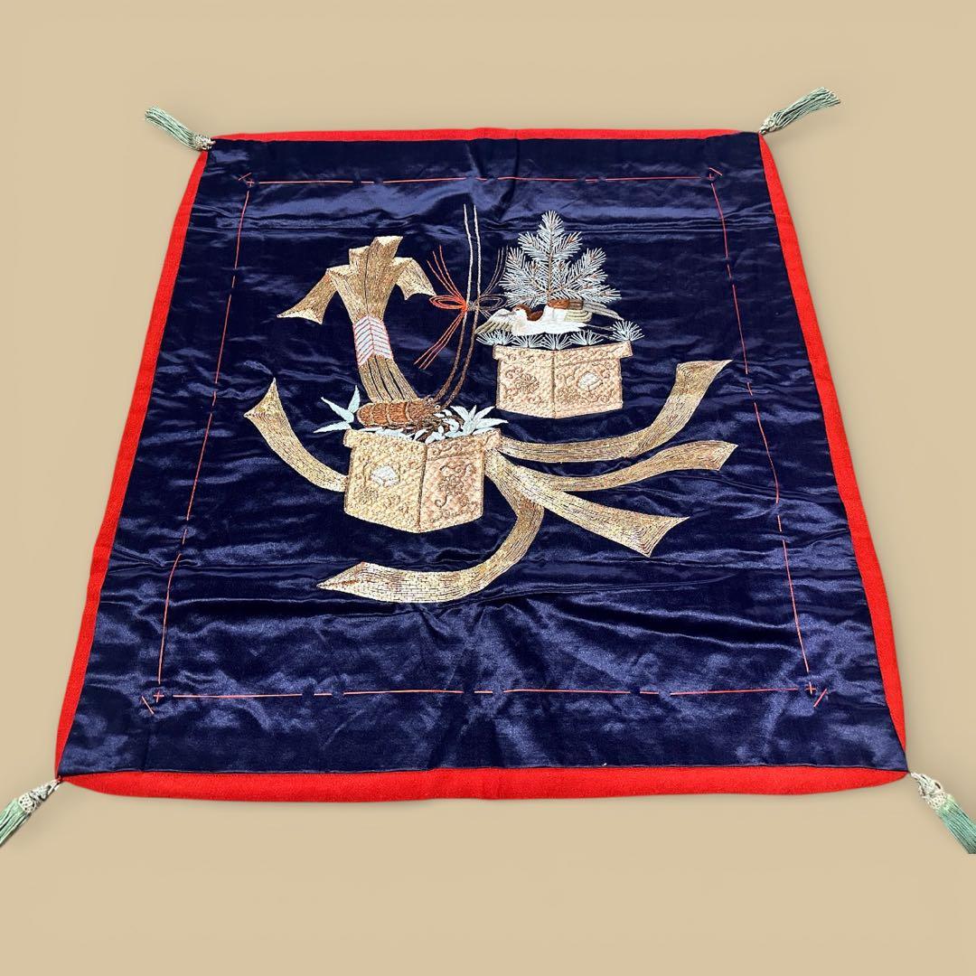 明治期・刺繍袱紗 熨斗目 松に雀 竹に海老 金駒刺繍 繻子 裏赤縮緬