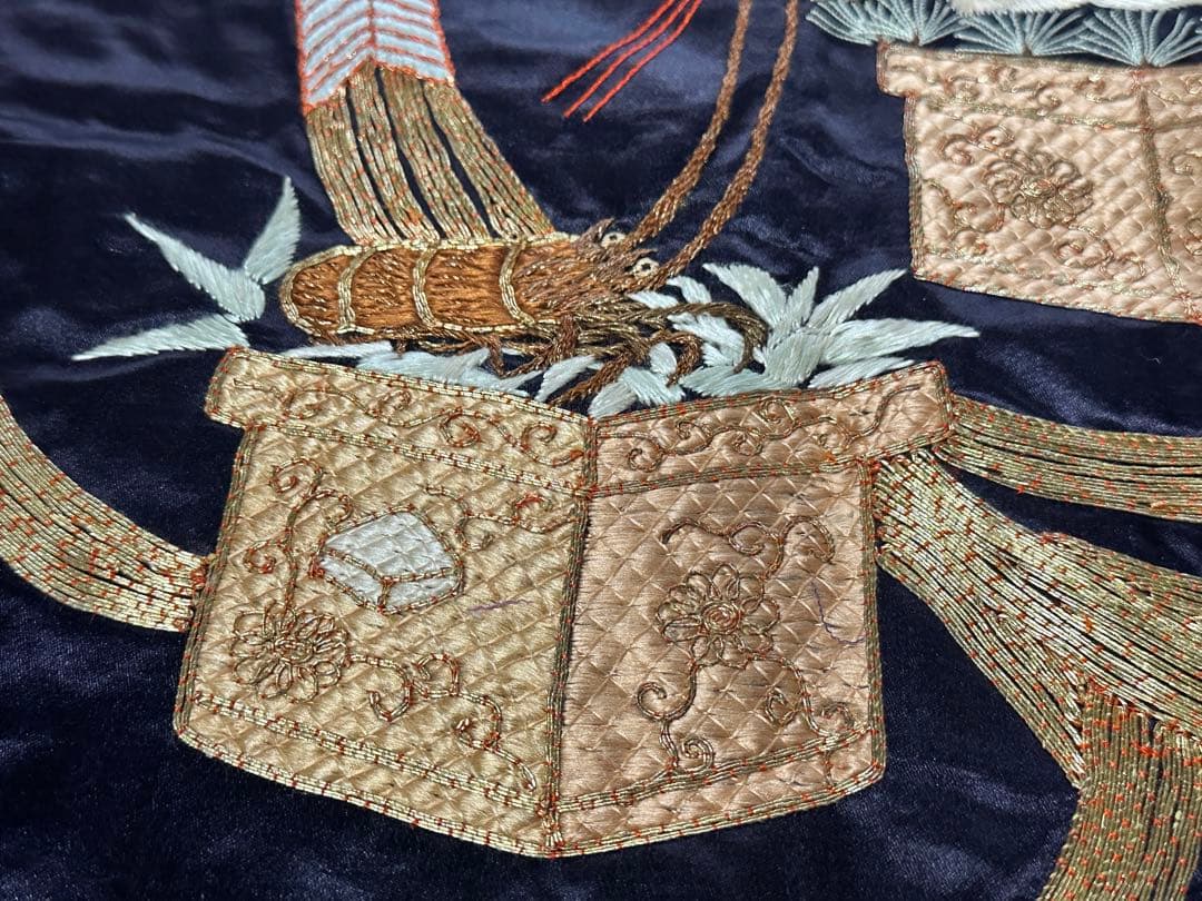 明治期・刺繍袱紗 熨斗目 松に雀 竹に海老 金駒刺繍 繻子 裏赤縮緬