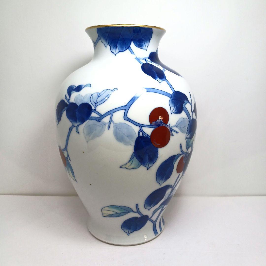 Y3122-8 深川製 染付色絵 柿図 花瓶 高さ28㎝　　ten