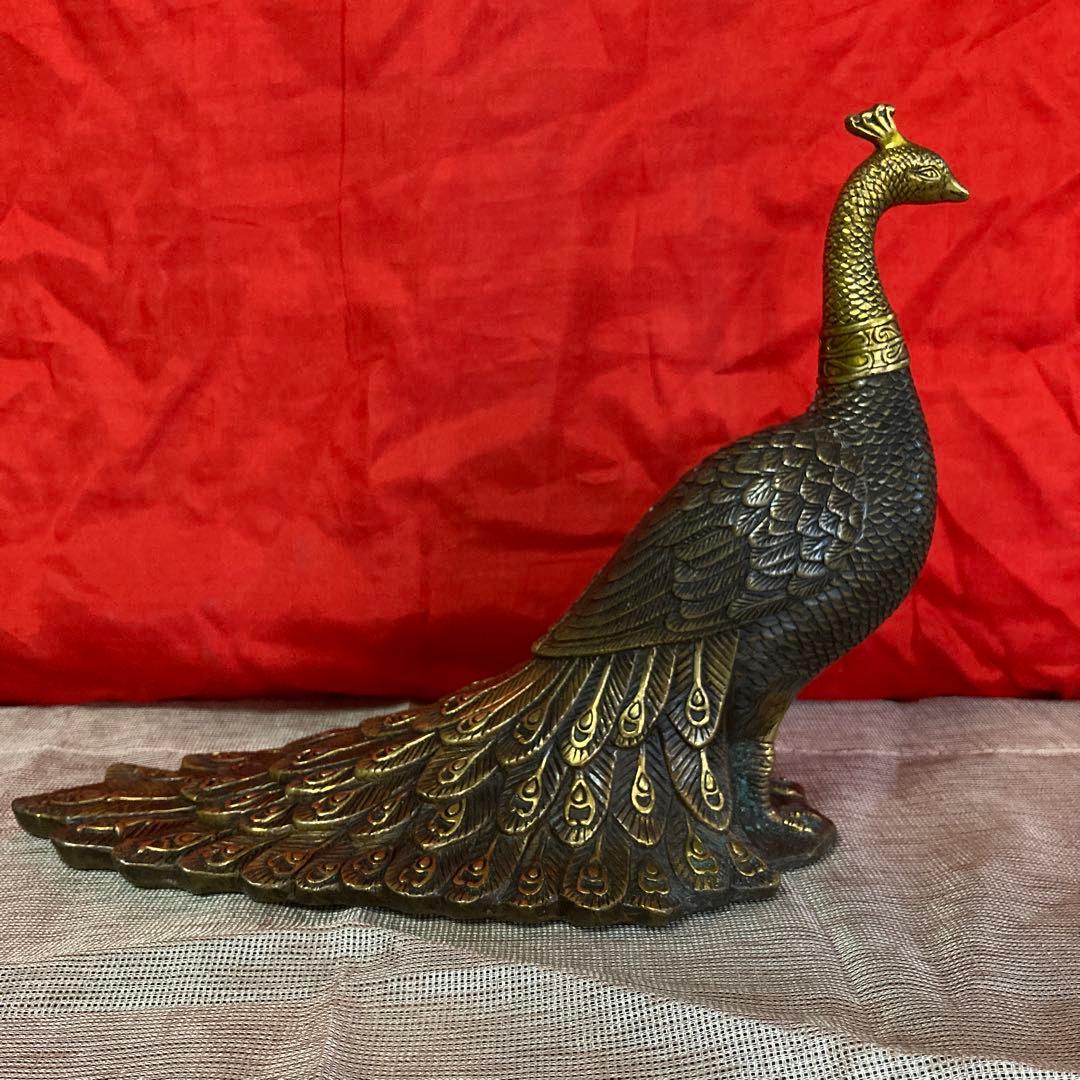 中国　古銅　孔雀像　置物　細密オブジェ　乾隆年製銘