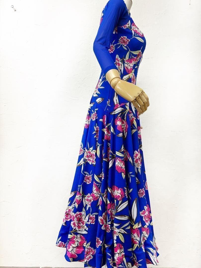 【Lサイズ】ロイヤルブルー　ラインストーン　ピンク花柄ワンピース　ドレスg014