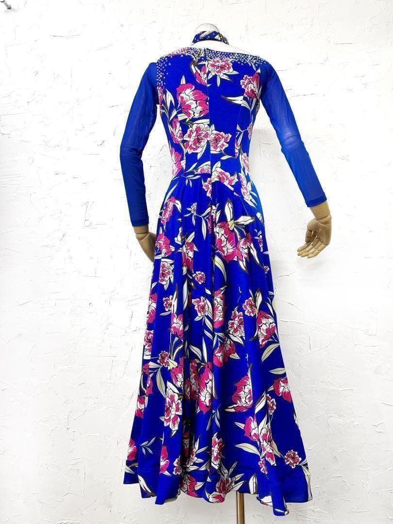 【Lサイズ】ロイヤルブルー　ラインストーン　ピンク花柄ワンピース　ドレスg014