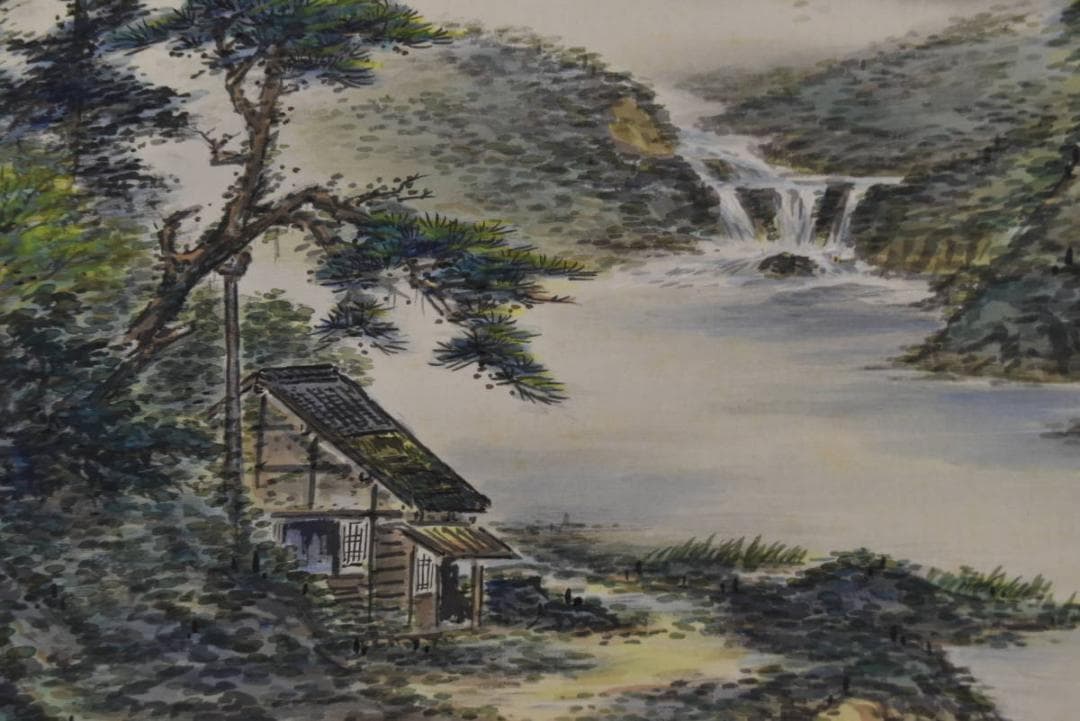 【真作】荻田東嶺/深渓緑陰図/青緑山水図/横物/掛軸☆宝船☆Z-913