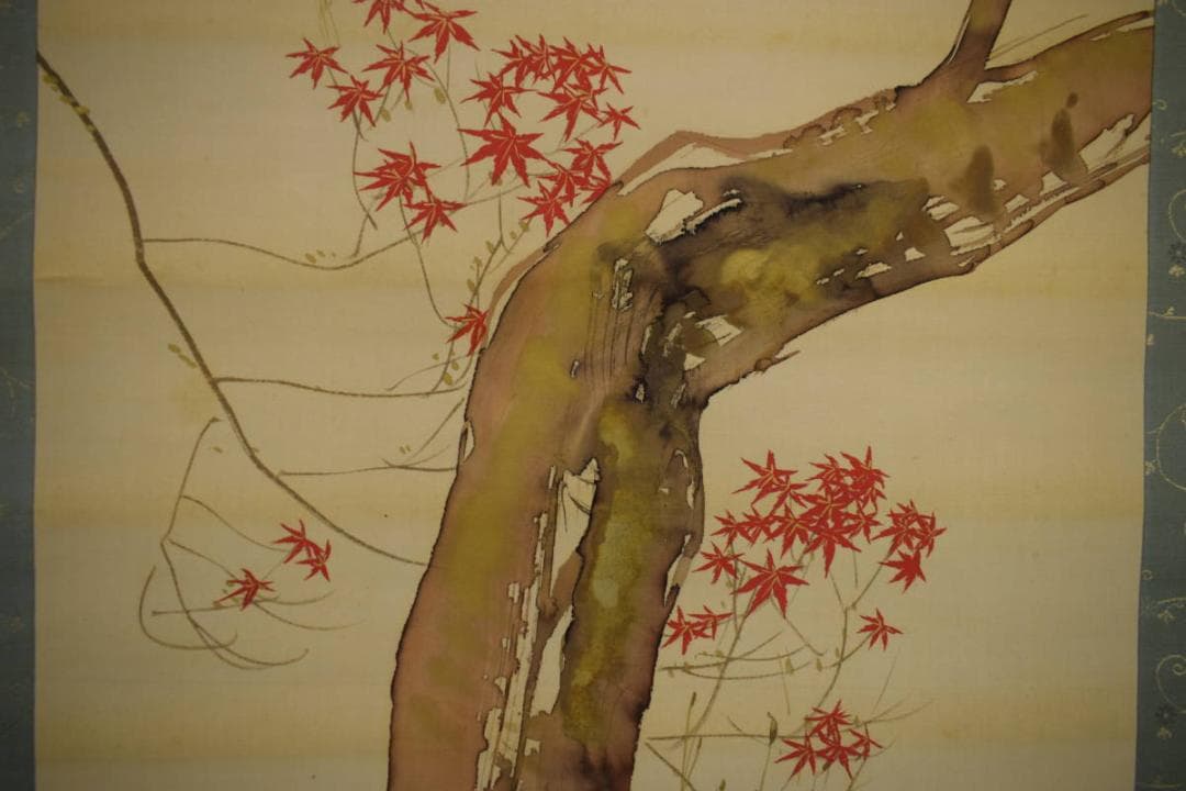 真作/東原方僊/晩秋紅葉に四十雀図/桐共箱二重箱付/布袋屋掛軸HG-884