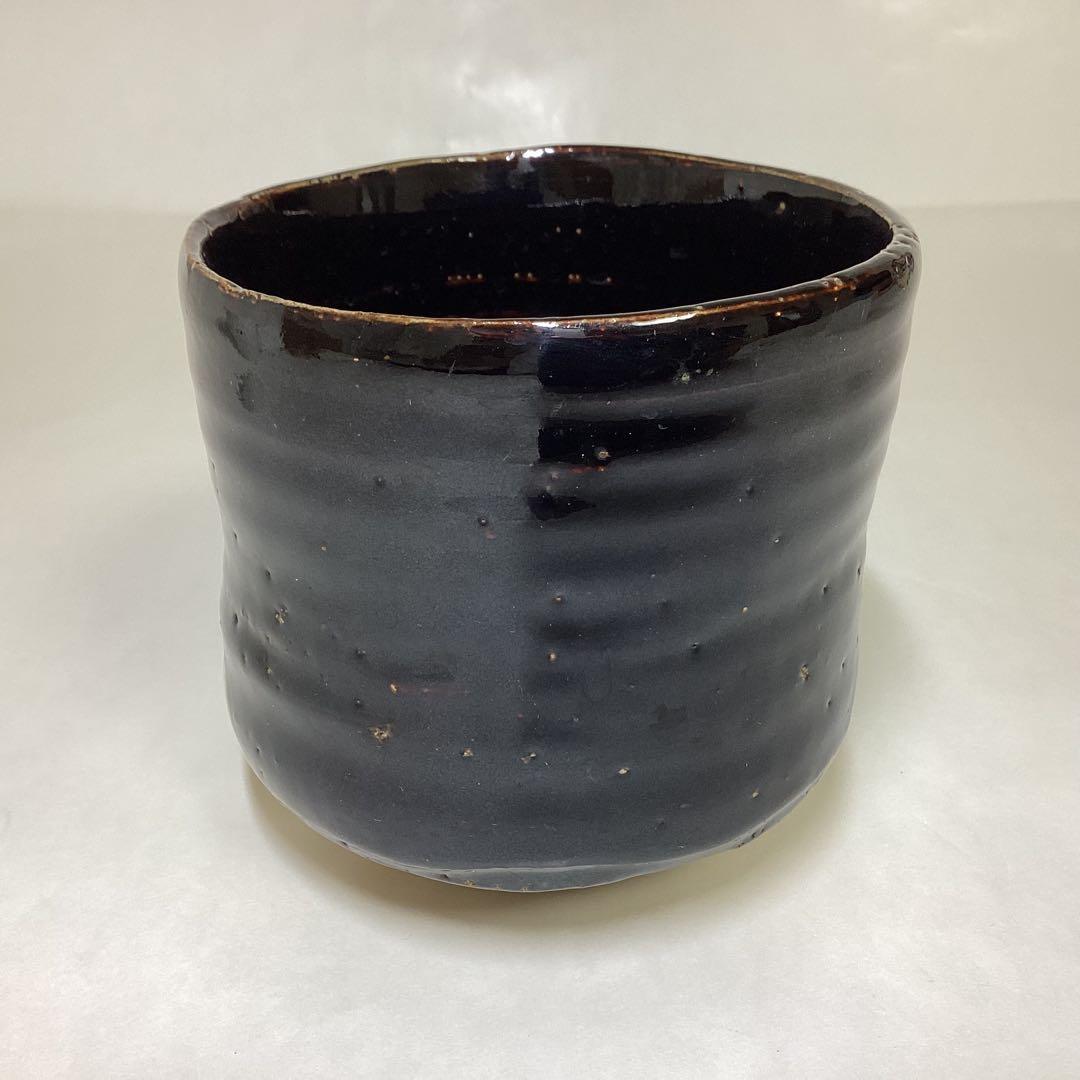 筒茶碗 黒 織部 紙箱入 茶道具 古物品