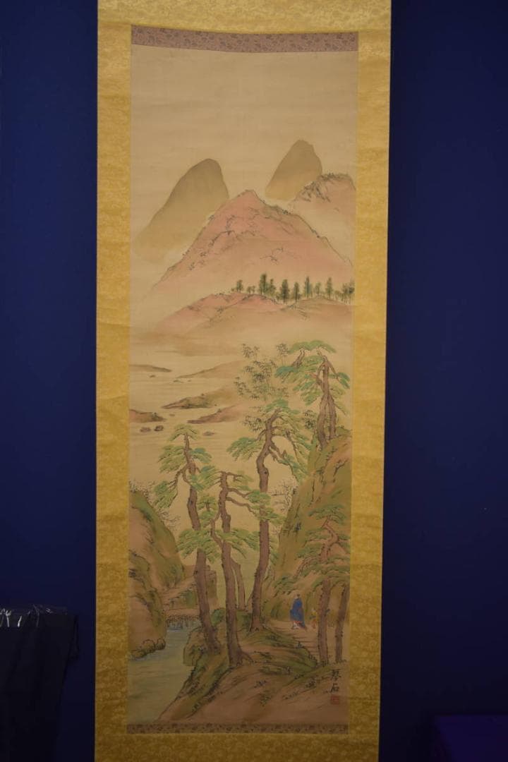 真作/琴石/山水人物図/高士人物図/松林人物図/布袋屋掛軸HI-864