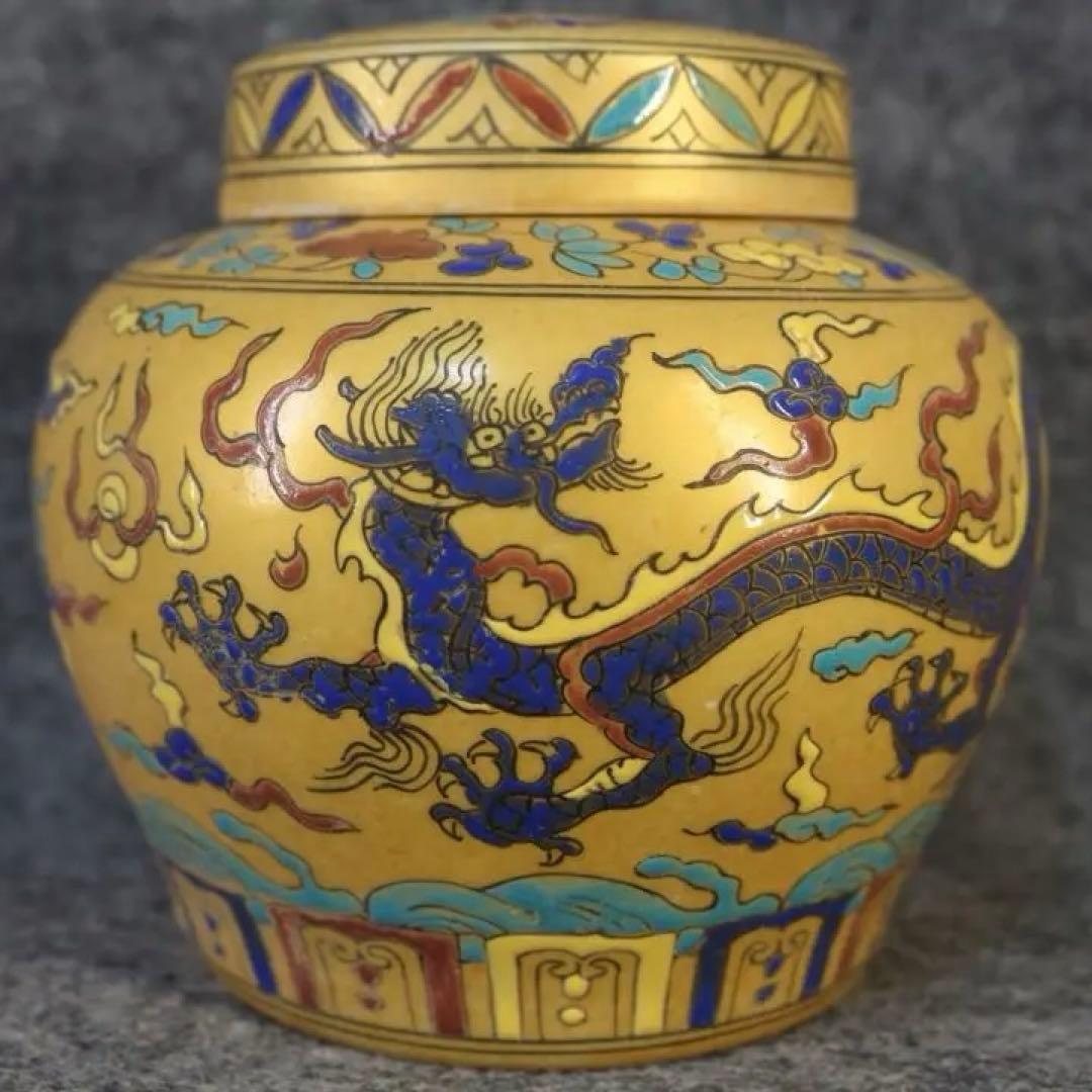 古美術　大明成化時代　文房具　置物　描金海水龍紋　茶葉罐　天字罐　縁起物