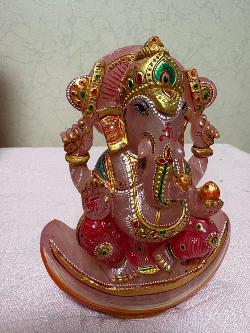 インド購入ローズクォーツガネーシャ像 約15cm天然石、専用箱付き