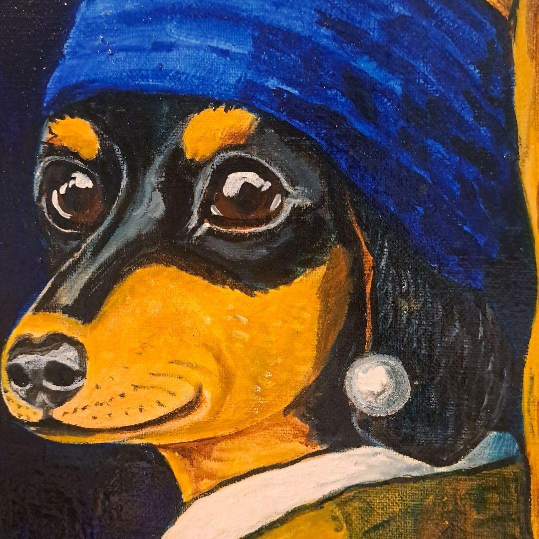 キャンバス油絵 　専用　真珠の耳飾りの青いターバンの犬　フェルメール楽しいアート