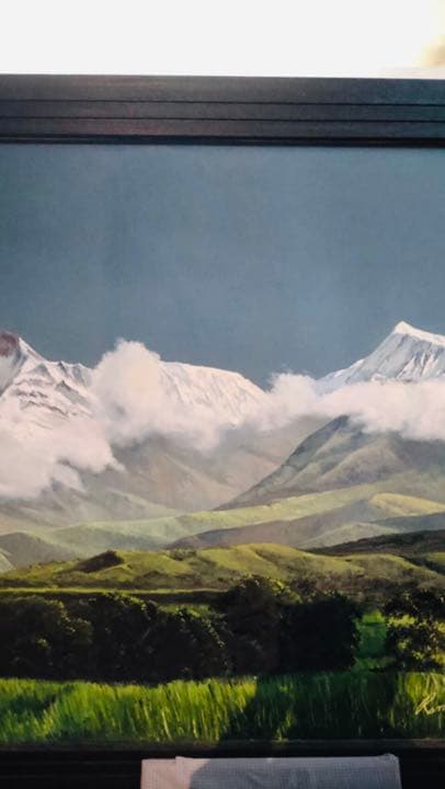 貴重、ヒマラヤの油絵、ヒマラヤ山脈、大型油絵、マチャプチャレ、ホテルのロビーに