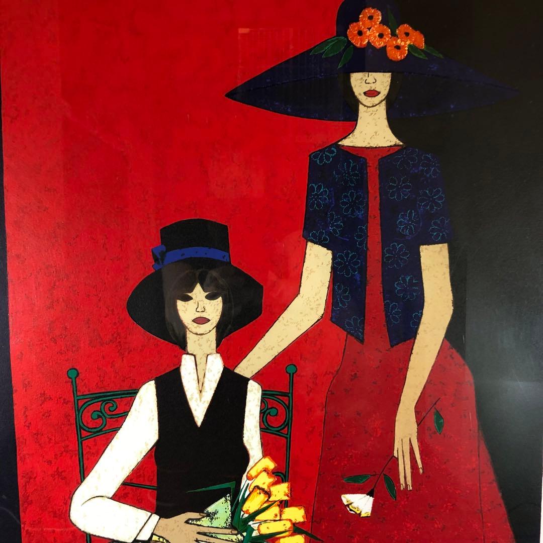 ロジェ・ボナフェ 「二人の少女」 リトグラフ　額縁付絵画　作家直筆サイン入り