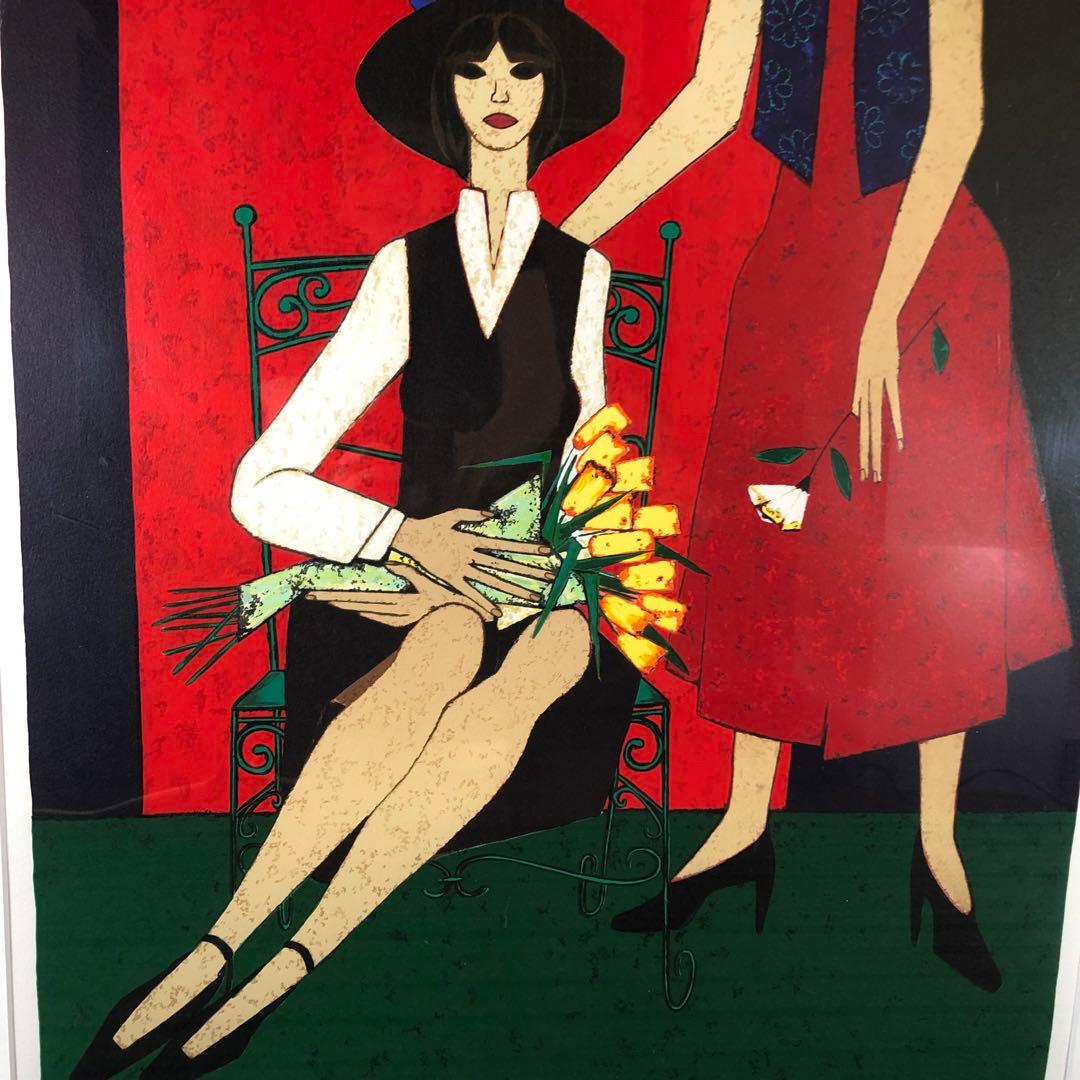 ロジェ・ボナフェ 「二人の少女」 リトグラフ　額縁付絵画　作家直筆サイン入り