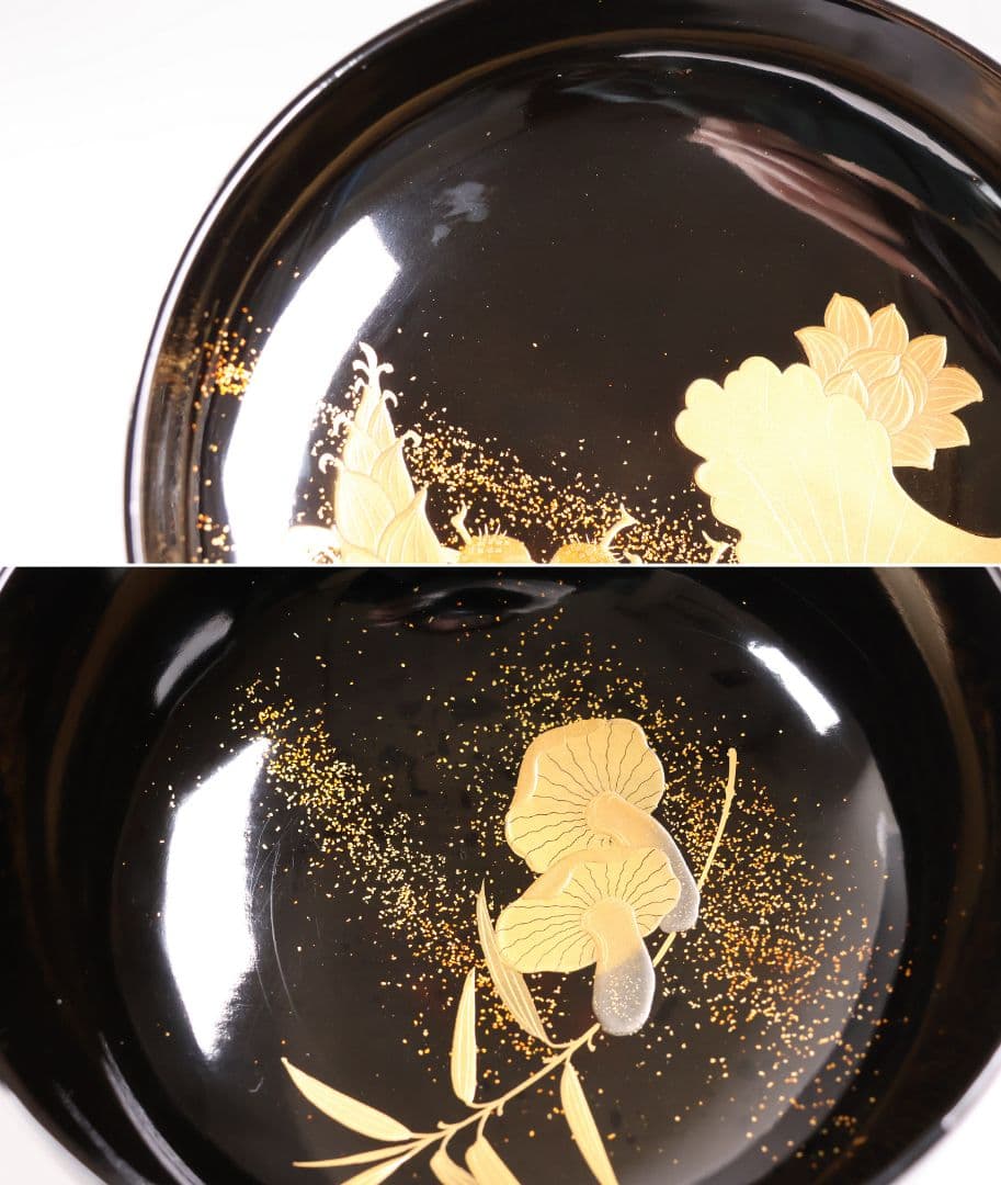 【CM412】天然木漆塗 加賀蒔絵 蓮と野菜金蒔絵 黒煮物椀 五客 漆器 昭和期