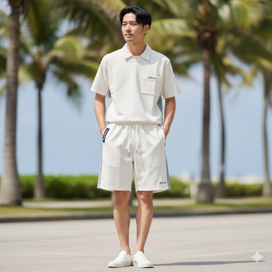 新品タグ付 ムータマリン セットアップ ポロシャツ ハーフパンツ 白×灰 L相当