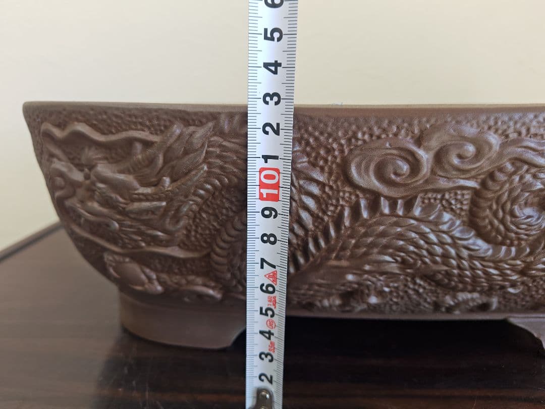 ドラゴン彫刻の陶器の盆栽鉢 約41cm×32cm×13cm　落款あり