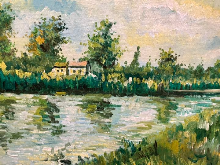 豪華額装　油彩 10号 水辺の風景 ヨーロッパ　洋画　風景画　ヨーロピアン