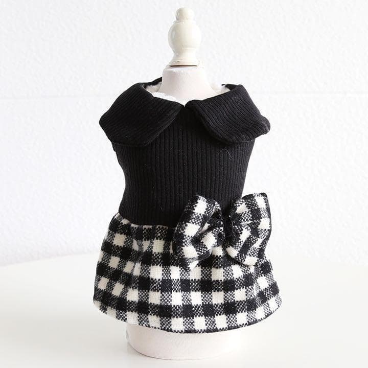 0271-1犬服ドッグウェアペット服温かいチェック柄ワンピースリボン