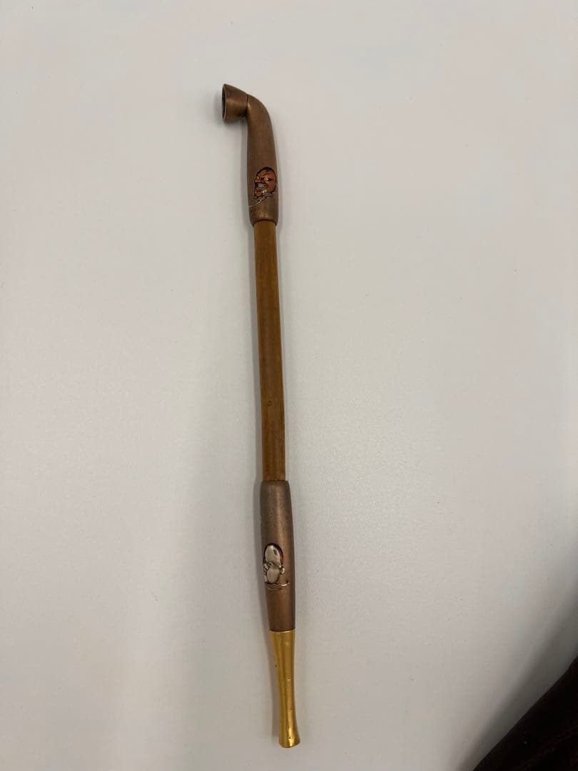 明治〜大正期 人物彫金刻印有 キセル一式 煙管 竹胴 皮袋・筒付