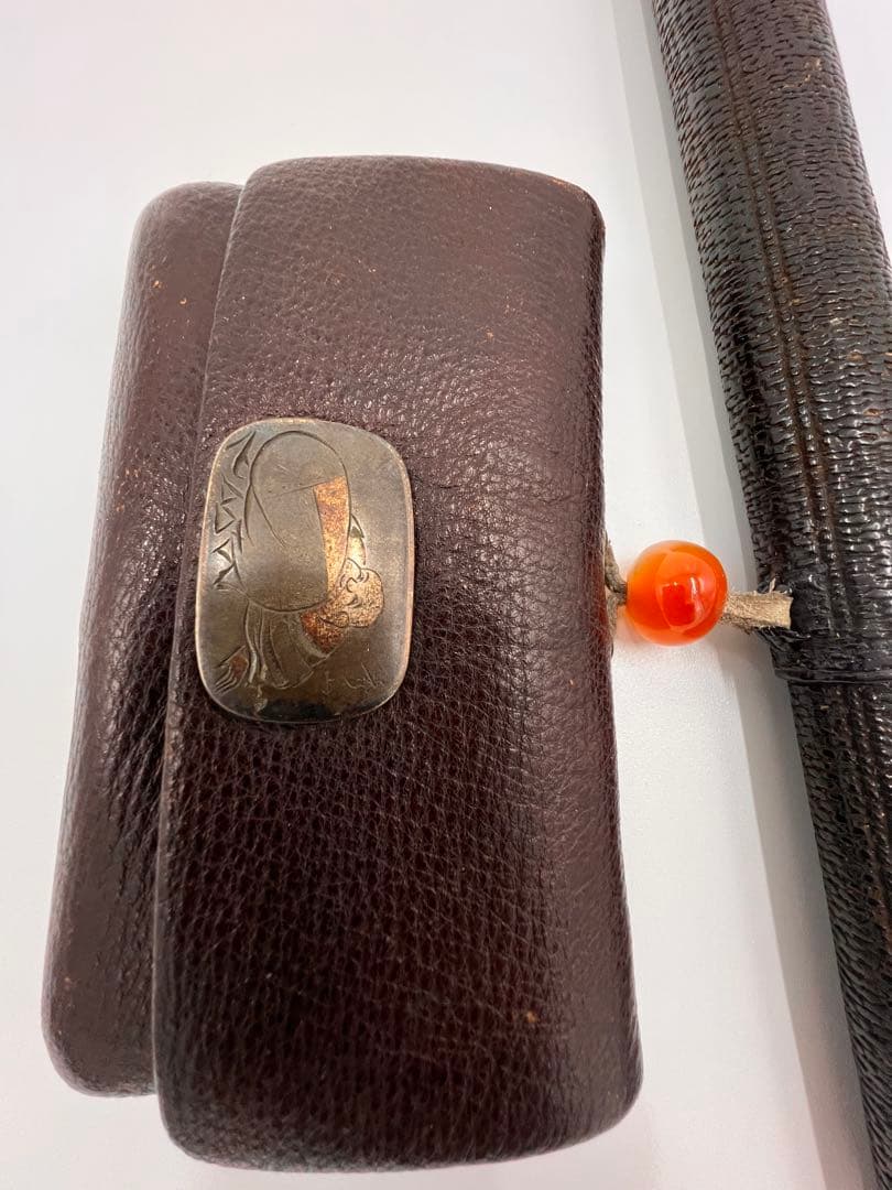 明治〜大正期 人物彫金刻印有 キセル一式 煙管 竹胴 皮袋・筒付