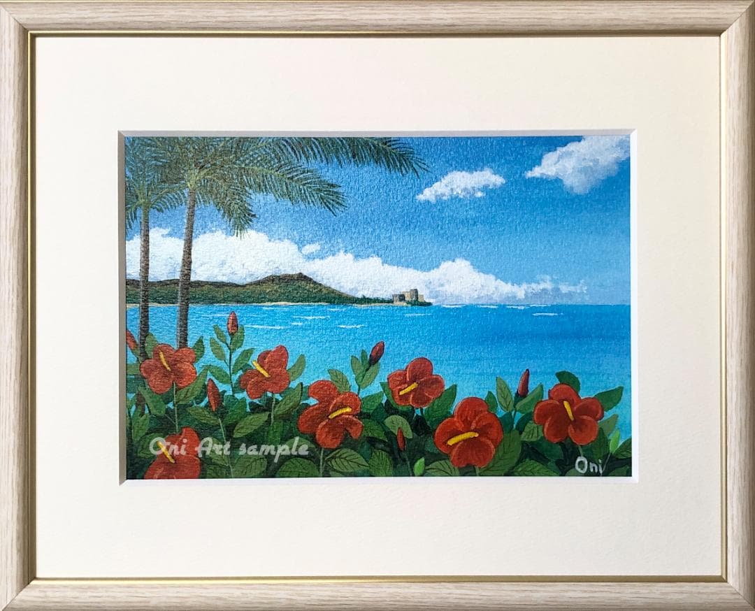 アクリル画　原画　「オアフの休日」額縁付　SMサイズ　風景画