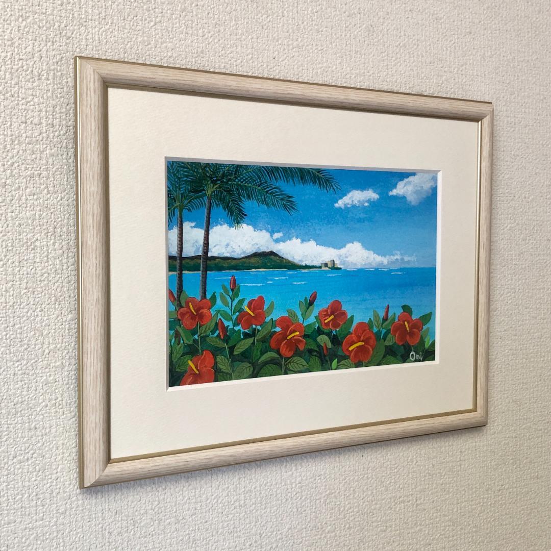 アクリル画　原画　「オアフの休日」額縁付　SMサイズ　風景画
