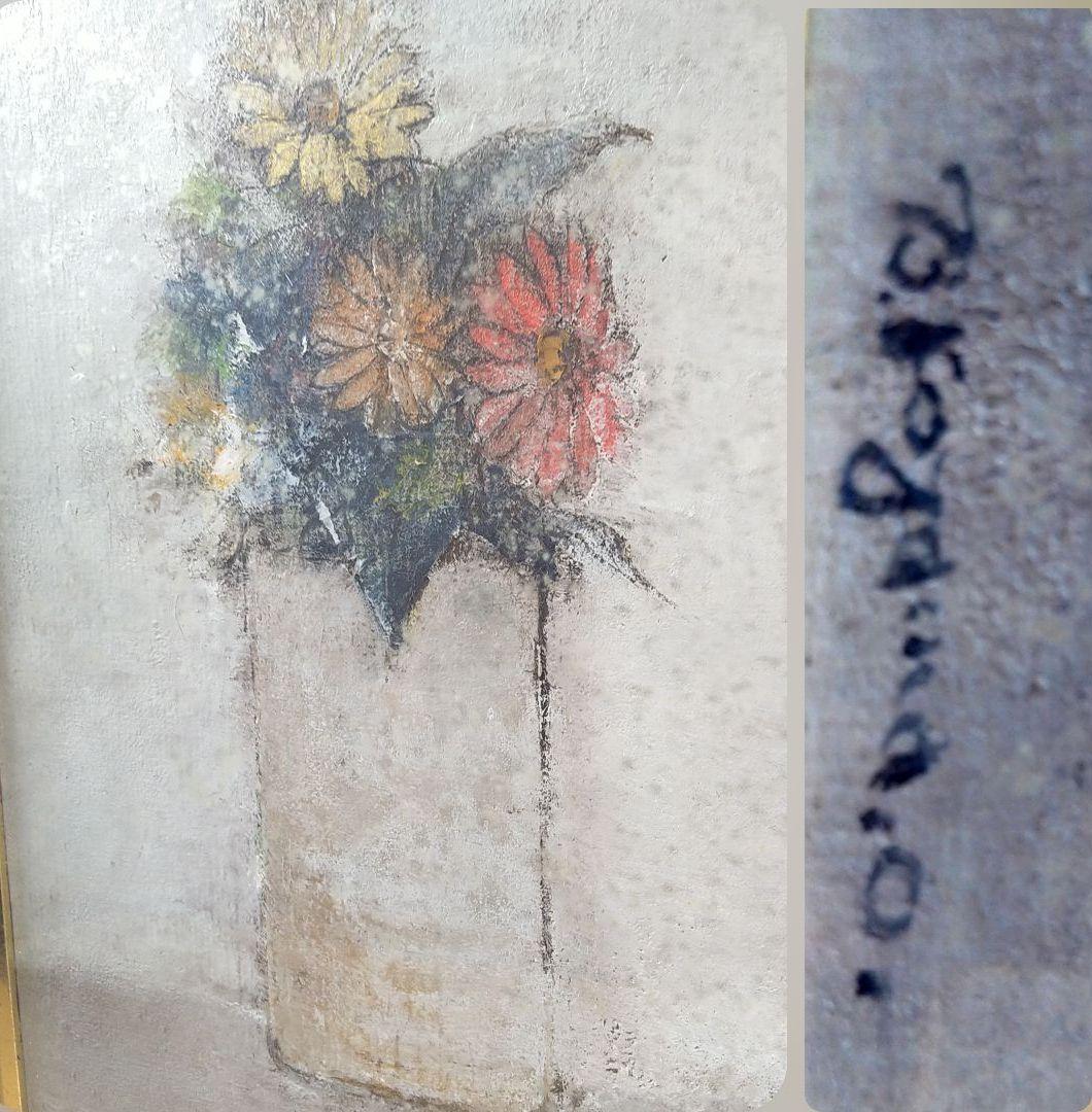 小山オサム油絵【ガーベラ】自筆サイン入り花flower静止画タトウ入り額装額縁