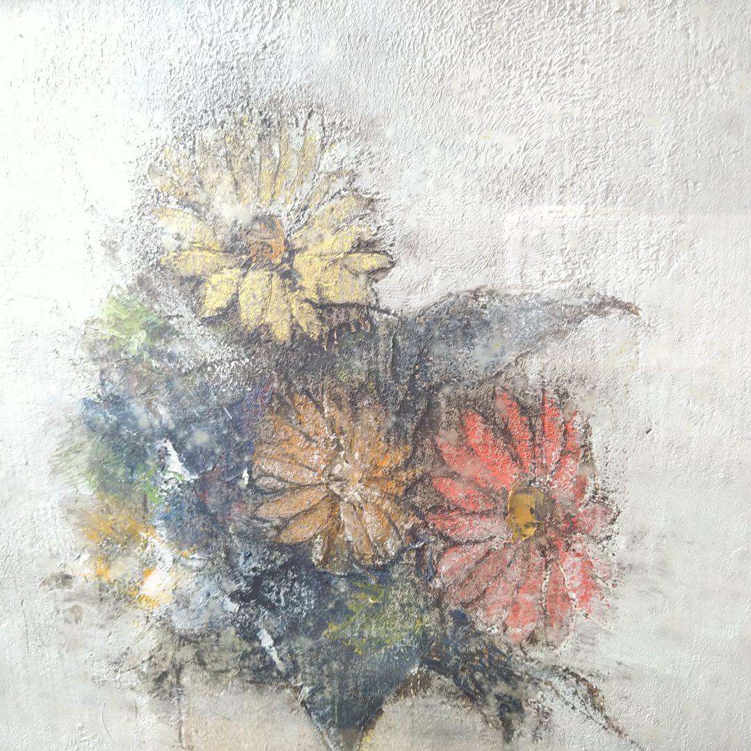 小山オサム油絵【ガーベラ】自筆サイン入り花flower静止画タトウ入り額装額縁