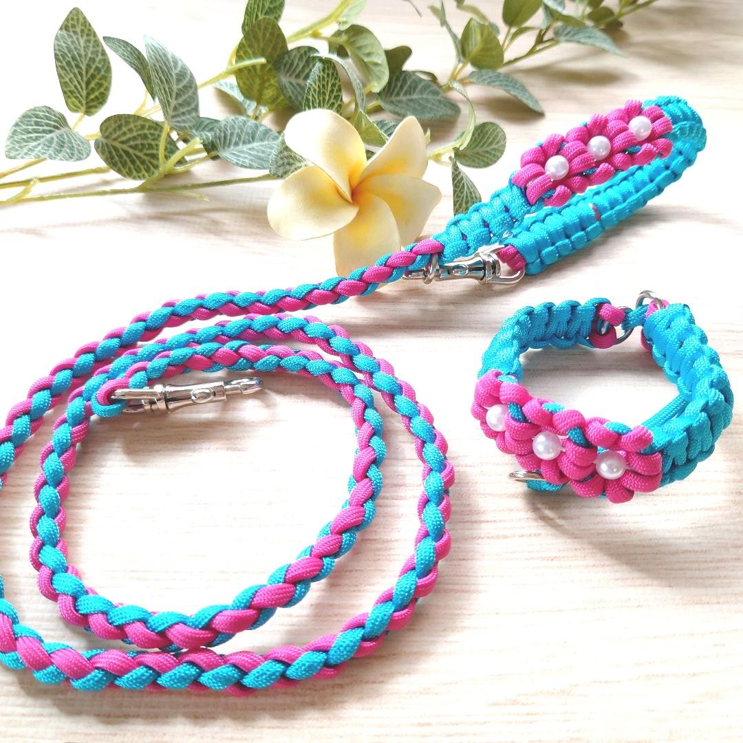 パラコードリード＆首輪　カフェリード　ハーフチョーク　ピンクお花　№082