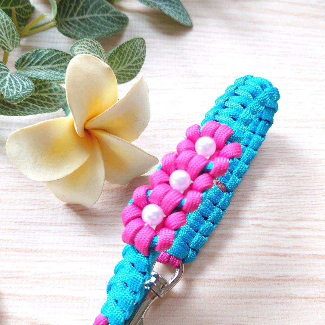 パラコードリード＆首輪　カフェリード　ハーフチョーク　ピンクお花　№082