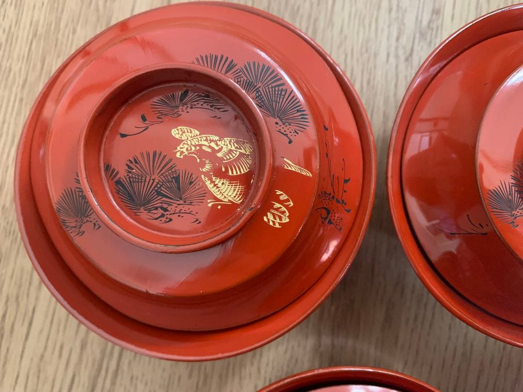 輪島塗　朱沈金蒔絵吸物椀10客　時代物　木製うるし塗　羽反　アンティーク