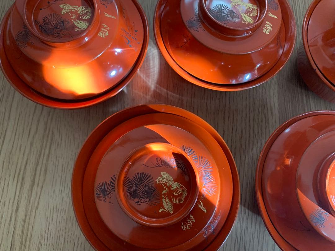 輪島塗　朱沈金蒔絵吸物椀10客　時代物　木製うるし塗　羽反　アンティーク