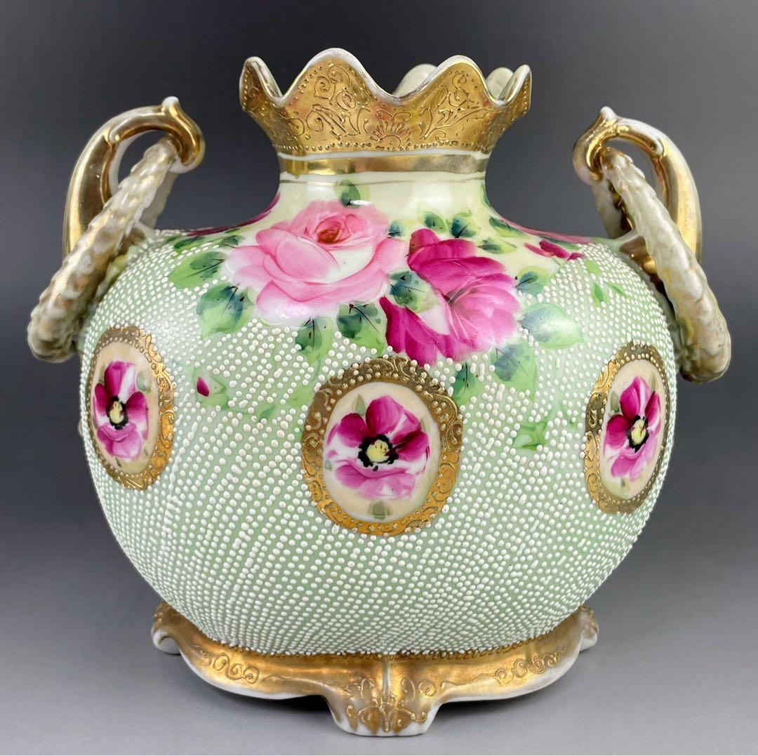 【美品】オールドニッポン アールヌーボー 薔薇紋 金盛り 花瓶