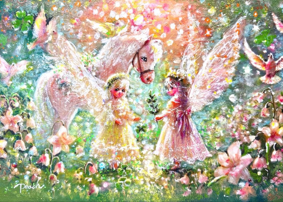 ま*ゆ様 絵画原画《祝福の芽 ― 白馬とふたりの天使》パワー ART colla