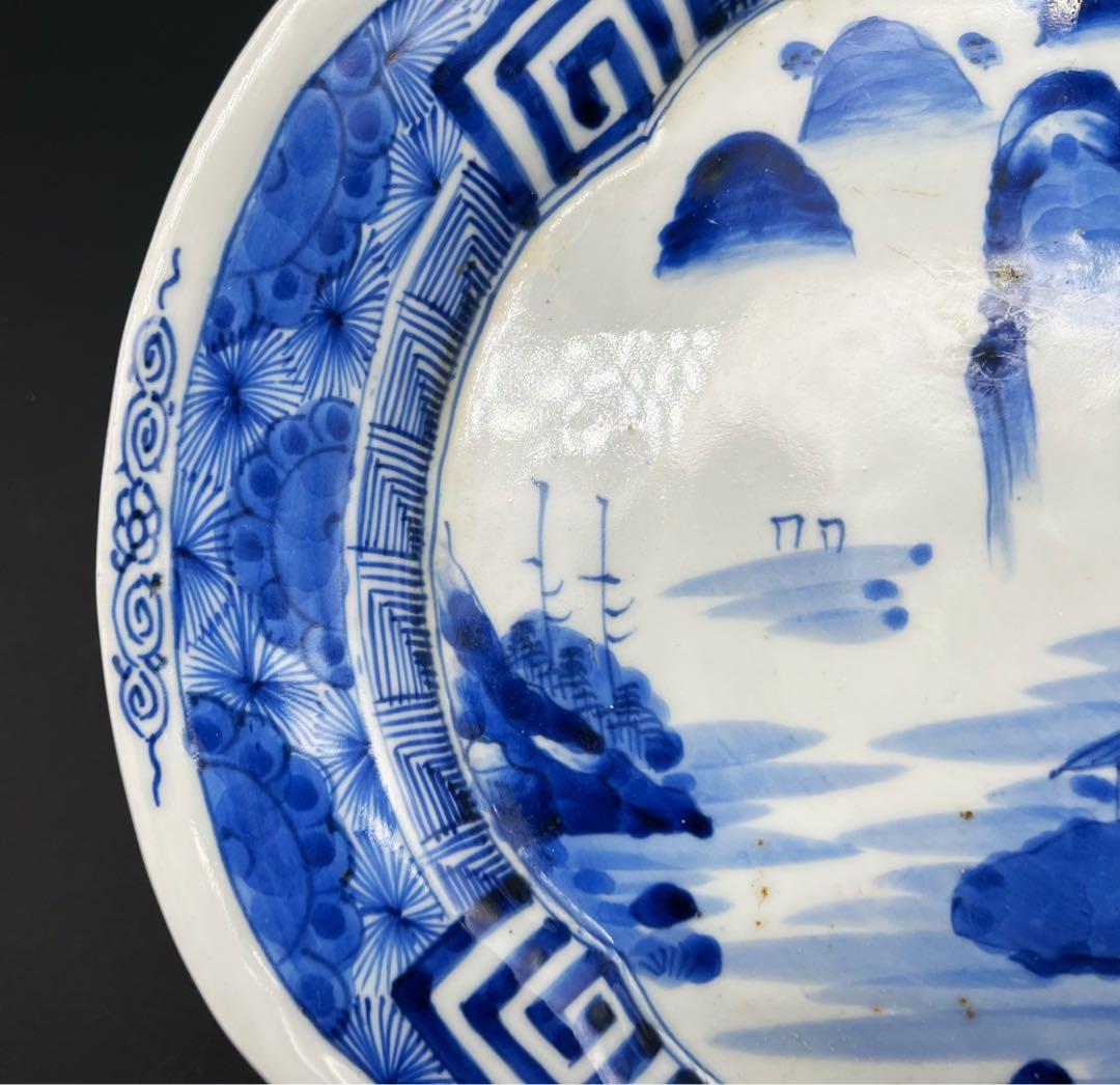 時代物 青華染付 飾り皿 骨董品 アンティーク 山水図 古染付 大皿