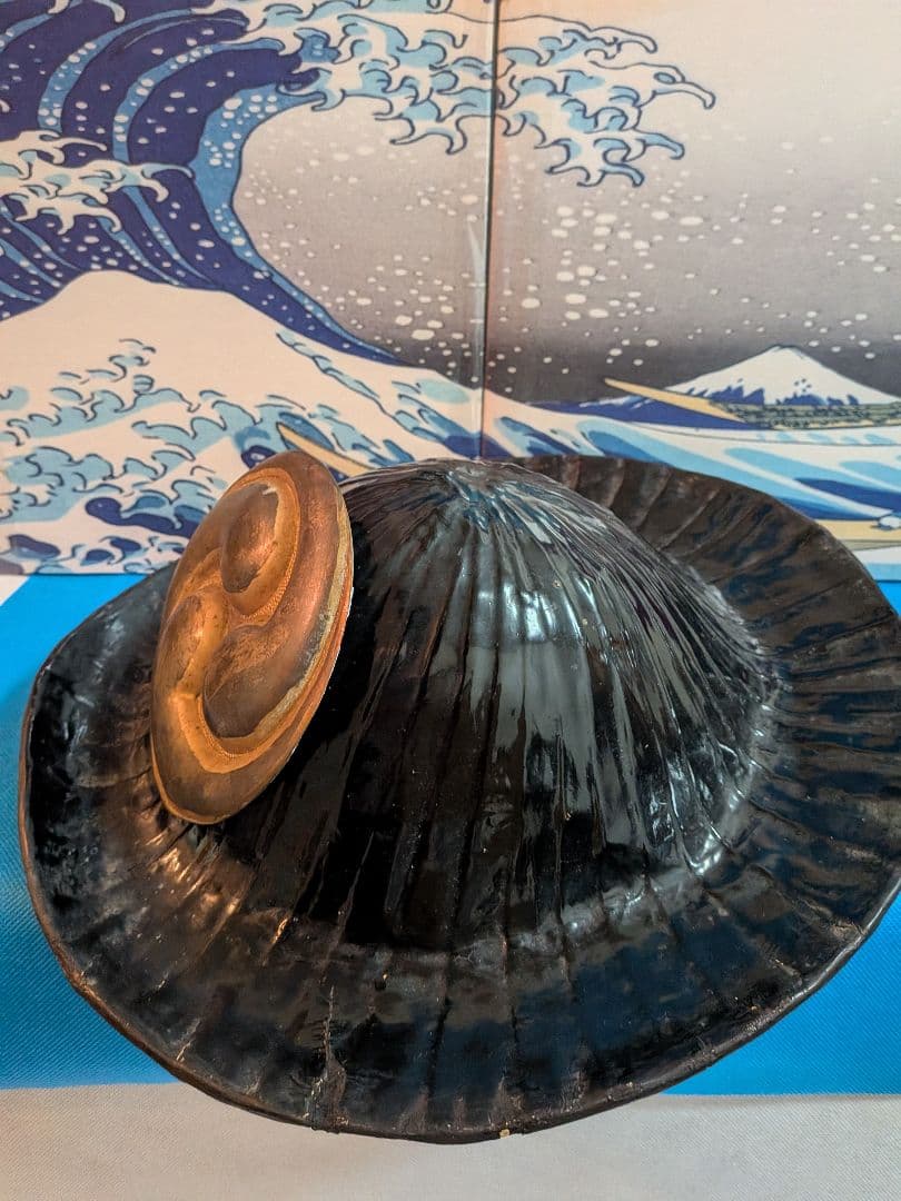 江戸時代中期〜後期頃黒漆塗り武家旧家蔵出し肥後熊本藩領陣笠前立て改良型当時物