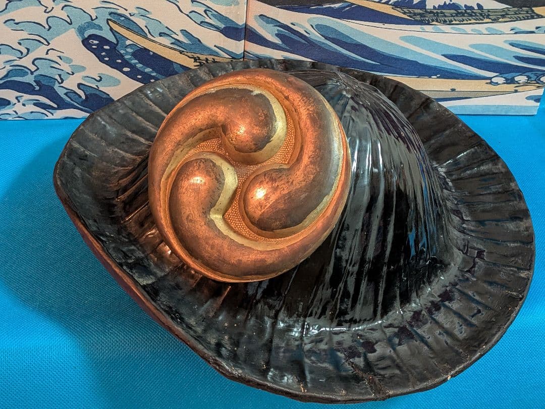 江戸時代中期〜後期頃黒漆塗り武家旧家蔵出し肥後熊本藩領陣笠前立て改良型当時物