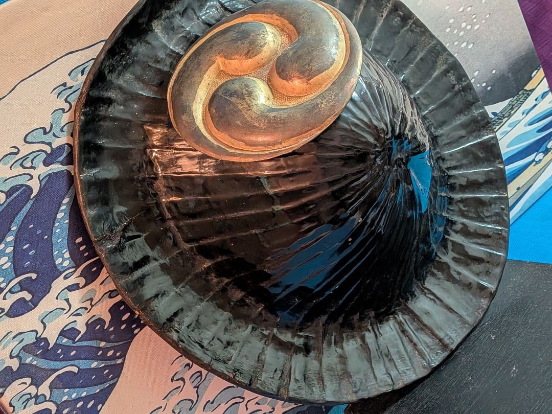 江戸時代中期〜後期頃黒漆塗り武家旧家蔵出し肥後熊本藩領陣笠前立て改良型当時物