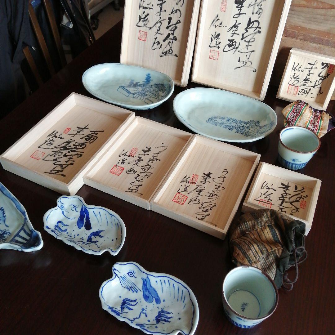 水墨画家　李庚　染付皿・蕎麦猪口7個まとめ売り