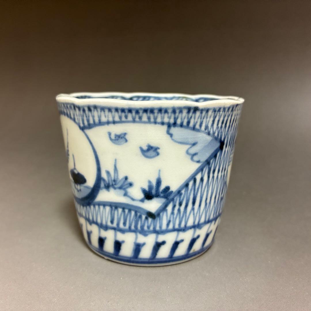 網目地紋に窓絵の図　古伊万里蕎麦猪口　無傷完品