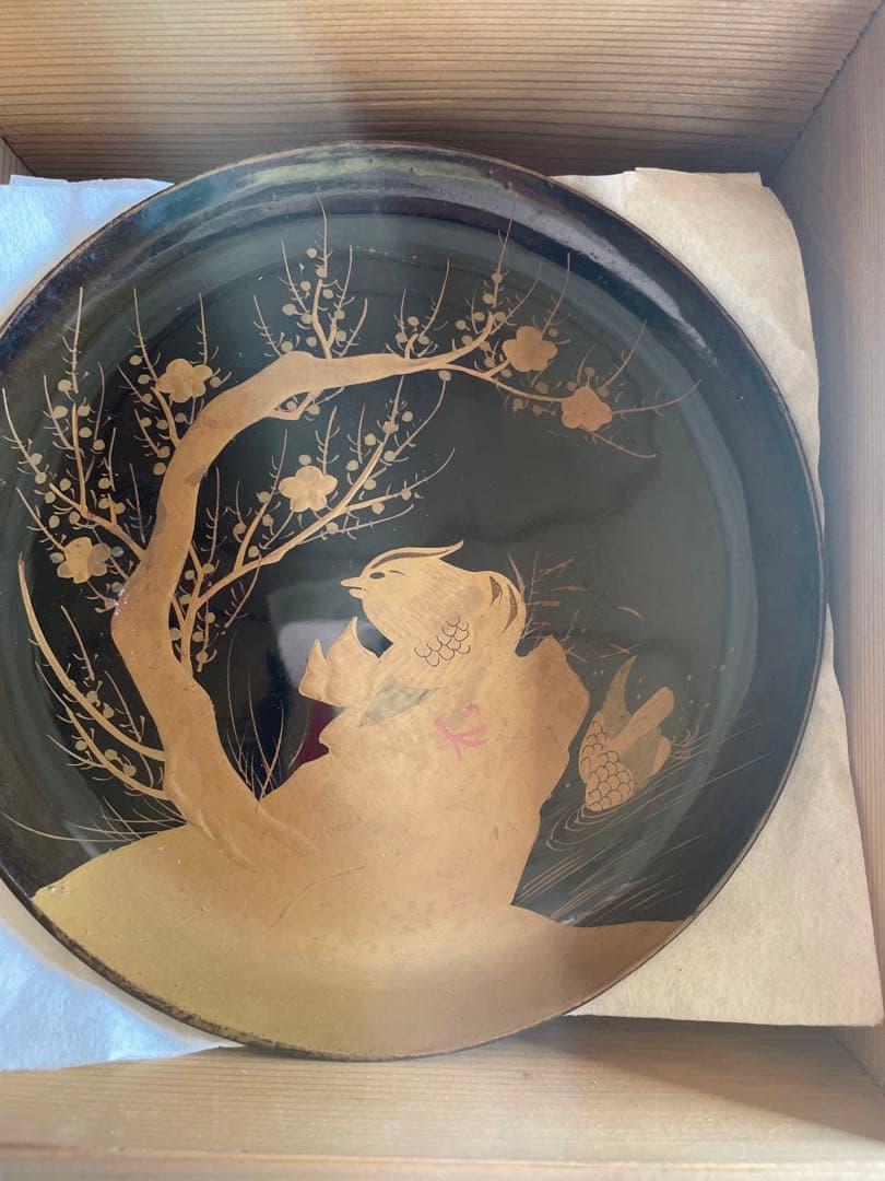 美品　希少　骨董品　漆器 皿 金箔 鳥 梅の木　百年前　10枚入　2箱　銘々皿