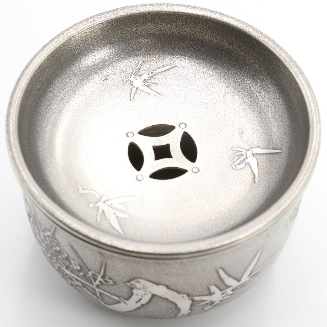 大丸精製 四君子文茶こぼし 七宝透蓋 錫製建水 煎茶道具 約288g　M257