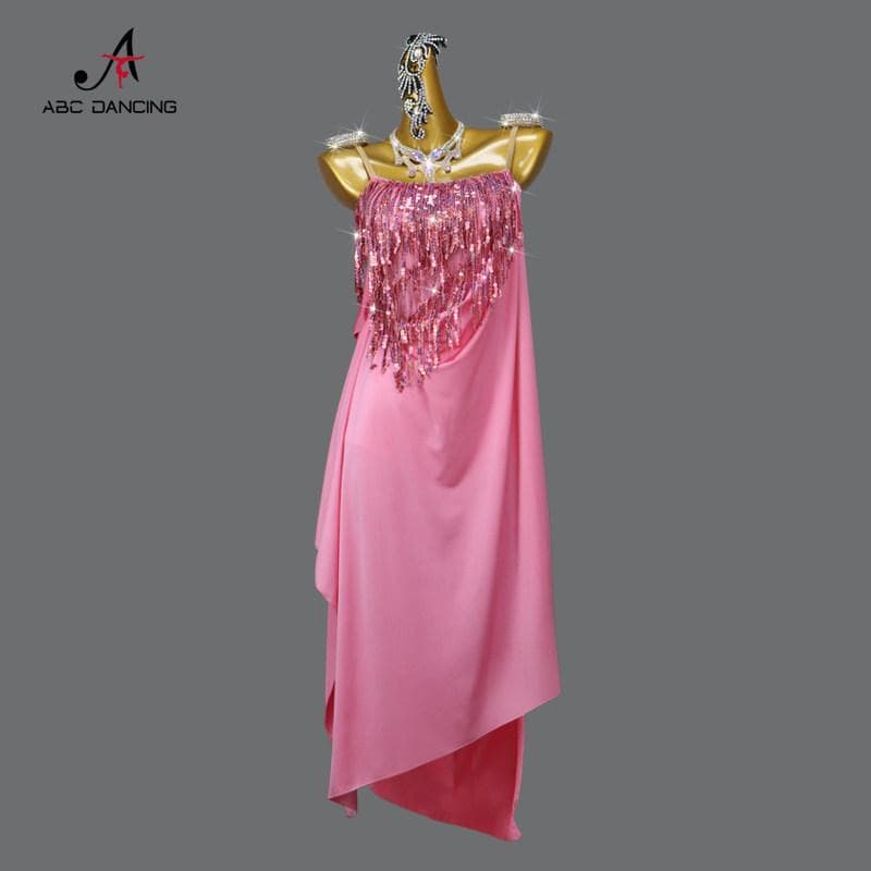社交ダンス衣装ルンバ用ラテンドレスピンクキラキラスパンコールフリンジ競技会デモ
