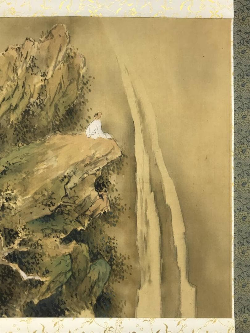 【真作】横山春渓/高士観瀑図/山水図/横物/人物図/掛軸/名家伝来/AD-258