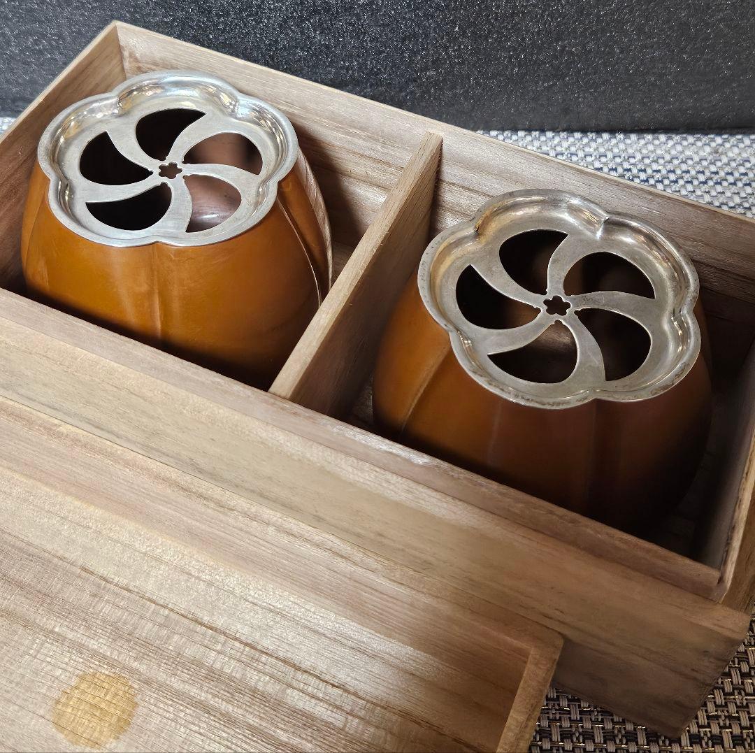 銀座 山崎商店謹製　赤銅　阿古陀香炉　一対　 共箱　茶道具　香道具　透かし蓋附属