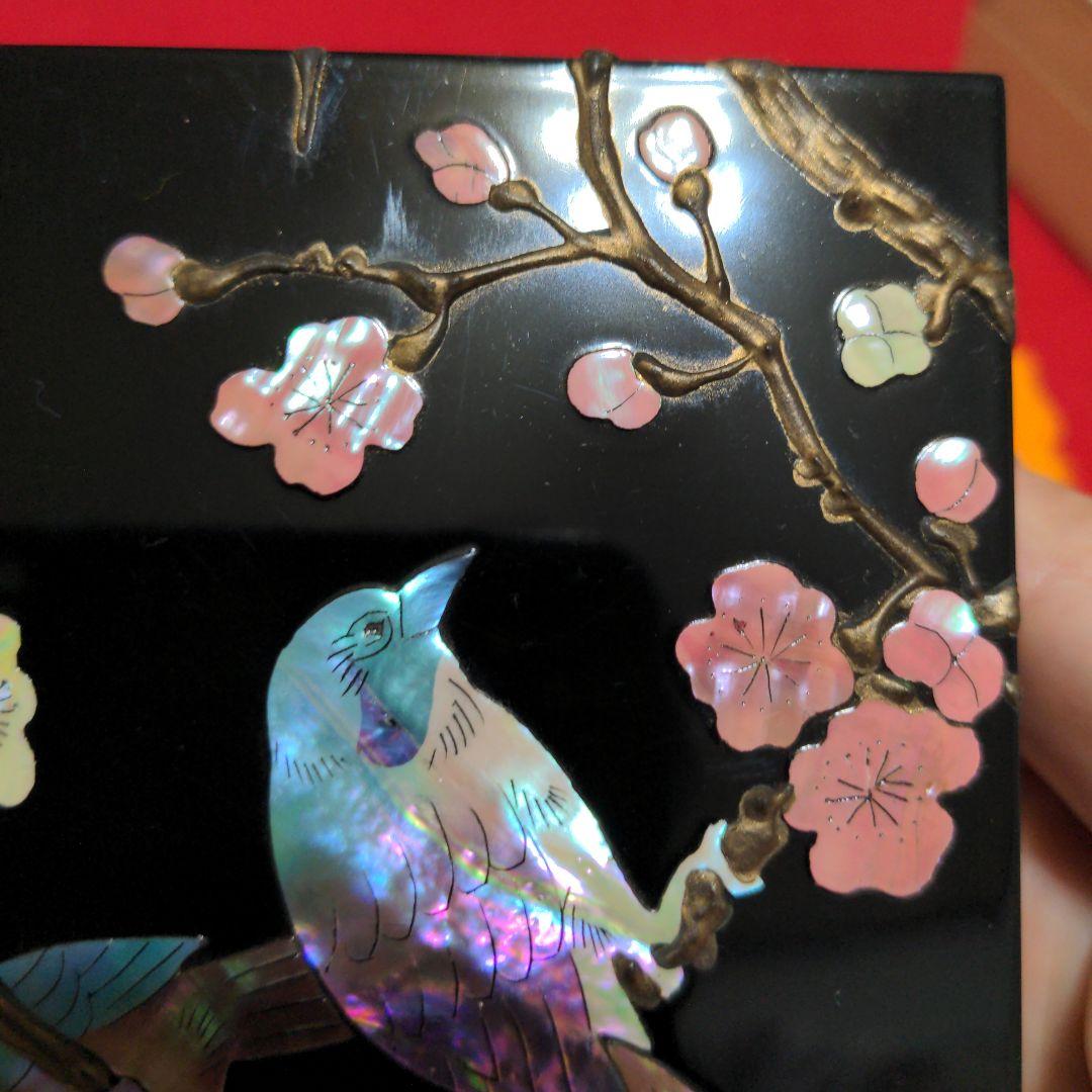 高岡漆器　武蔵川秀山作　青貝塗錆絵花鳥図　宝石箱　小物入　梅に樫鳥