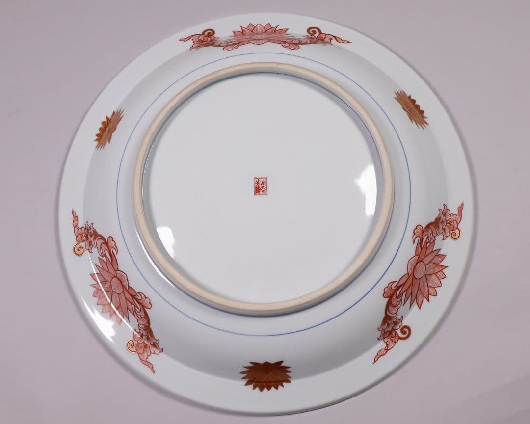 九谷焼 吉光隆広(芳隆) 赤絵細描 阿弥陀三尊立像 大皿 瓔珞紋【MA886】