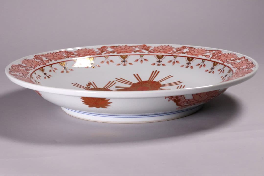 九谷焼 吉光隆広(芳隆) 赤絵細描 阿弥陀三尊立像 大皿 瓔珞紋【MA886】