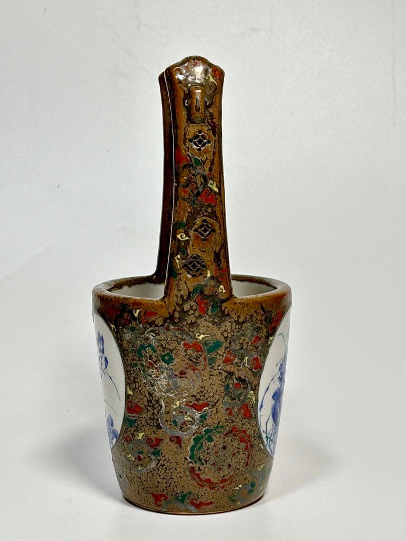 川本半助 明治瀬戸の名工 錆釉上絵手桶形花瓶 瀬戸焼